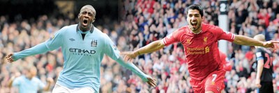 صراع بين نجم ليفربول لويس سواريز ولاعب وسط مان سيتي يايا توريه