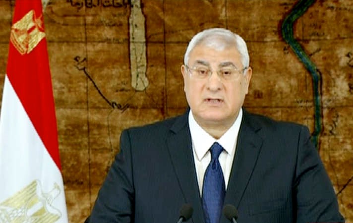 الرئيس المصري المؤقت المستشار عدلي منصور خلال كلمته امس اپ