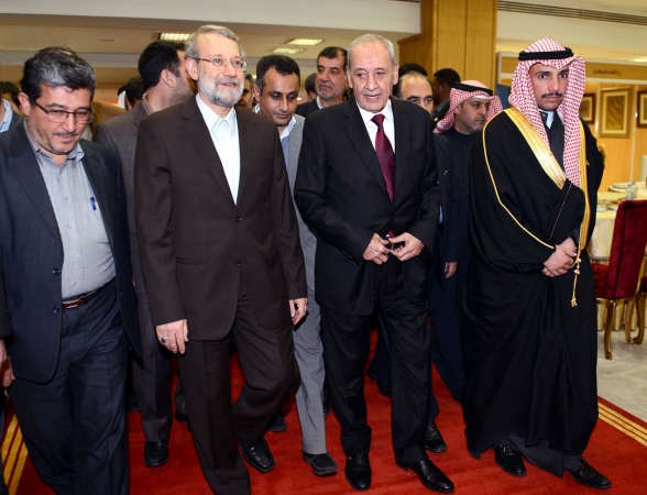 الرئيس الغانم مع رئيس مجلس النواب اللبناني نبيه بري ود عليلاريجاني﻿ ﻿