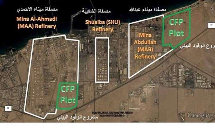 مخطط يوضح اماكن عمل مشروع الوقود البيئي في كل من مصفاتي الاحمدي وميناء عبدالله 