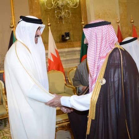 صاحب السمو الملكي الامير سلمان بن عبدالعزيز مصافحا صاحب السمو الشيخ تميم بن حمد	هاني الشمري﻿