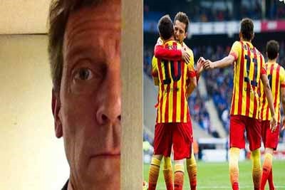 الممثل الانكليزي الشهير هيو لوري يسخرمن اداء لاعبي برشلونة