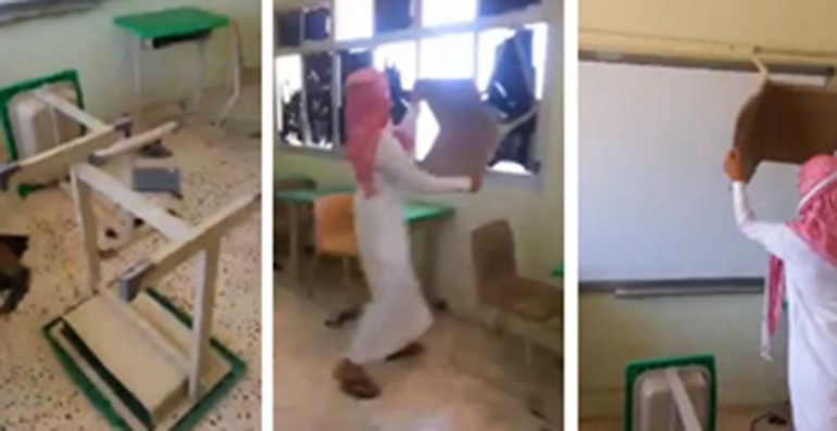 بالفيديو.. طلاب في السعودية يحطمون نوافذ وطاولات وكراسي مدرستهم وسط تصفيق زملائهم