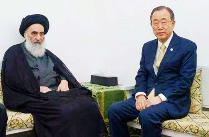 جانب من اللقاء الذي جمع السيد علي السيستاني ببان كي مون الخميس الماضي في النجفافپ