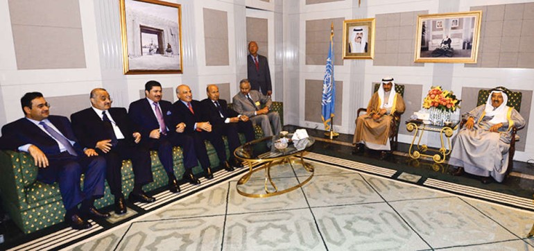 صاحب السمو الامير الشيخ صباح الاحمد ورئيس مجلس الامة مرزوق الغانم والشيخ خالد العبدالله والسفير احمد فهد الفهد والمستشار محمد ابو الحسن وعدد من الحضور 
