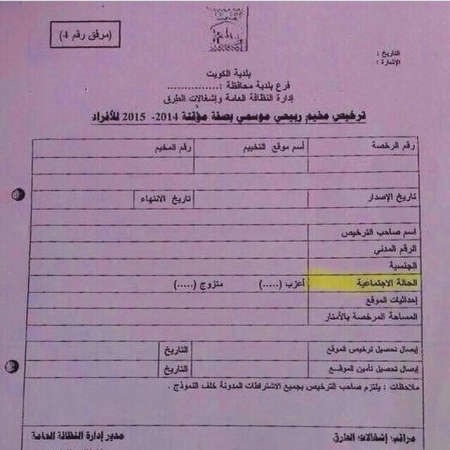 نموذج ترخيص وتحصيل رسوم المخيمات الربيعية