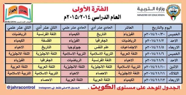 جدول اختبارات الفترة الاولى للثانوية العامة 