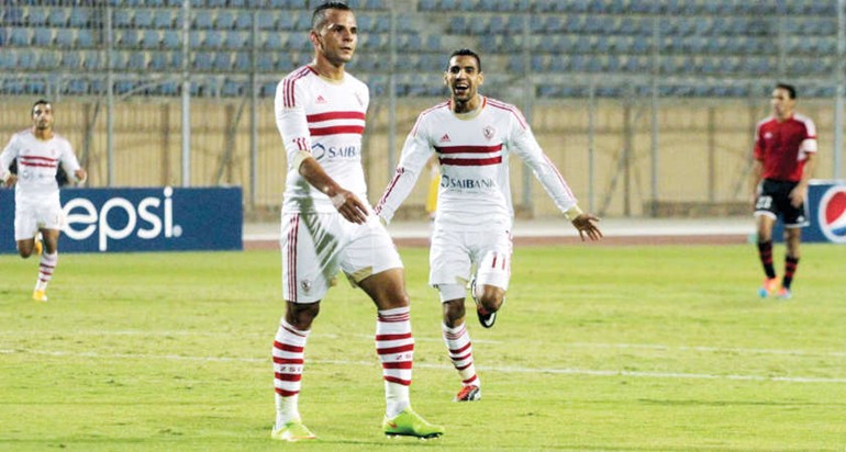 مهاجم الزمالك خالد قمر سعيد بتسجيله هدفا في مرمى حرس الحدود