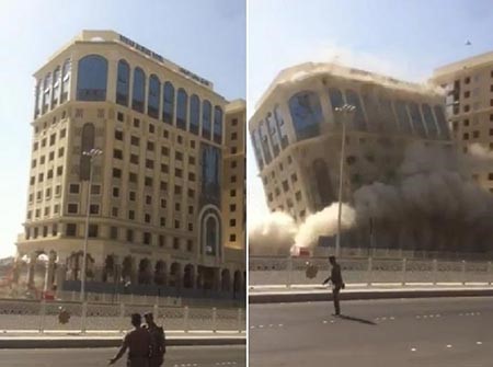 بالفيديو.. لحظة هدم فندق ضخم في المدينة المنورة عن طريق السحب بآليات عملاقة