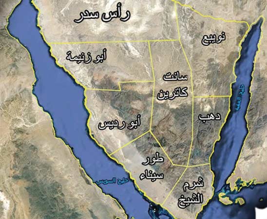 خريطة توضيحية لمدن جنوب سيناء التي تتمتع بجمال منقطع النظير﻿