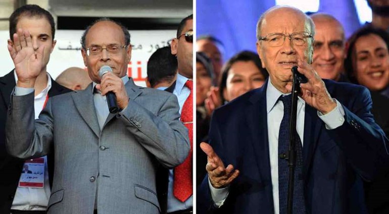 صورة مركبة للمرشحين السبسي والمرزوقي خلال حديثهما لانصارهما امس افپ 