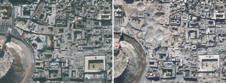 صورتان عبر الاقمار الصناعية تظهران حجم الدمار الذي تعرضت له مدينة حلب القديمة الاثرية وقلعتها التاريخيةافپ