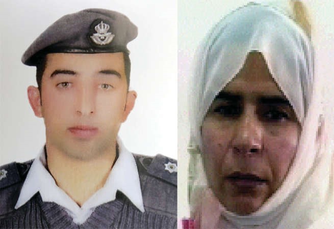 صورة مركبة للطيار الاردني معاذ الكساسبة الذي تحتجزه داعش﻿﻿وساجدة الريشاوي المحكومة بالاعدام في الاردن	افپ ﻿