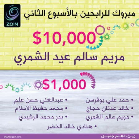 «زين»: مريم الشمري الفائزة في السحب الأسبوعي الثاني بقيمة 10 آلاف دولار