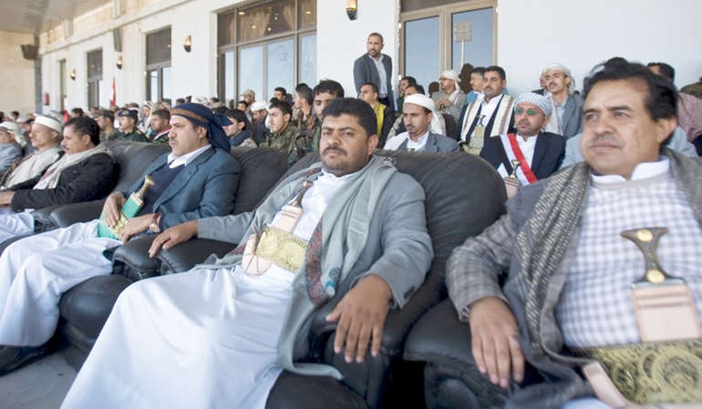 محمد الحوثي رئيس اللجنة الثورية خلال حضوره تظاهرة مؤيدة للحوثيين في ستاد صنعاء الرياضي امس الاولاپ ﻿