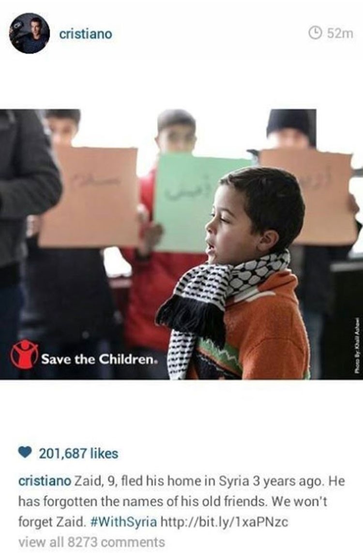 صورة مؤثرة..رونالدو يدعو العالم للتضامن مع هذا الطفل السوري