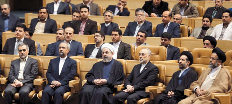 الرئيس الايراني حسن روحاني خلال حضوره احتفالات طهران بيوم التكنولوجيا النووية الوطنية امس الاول ا پ 