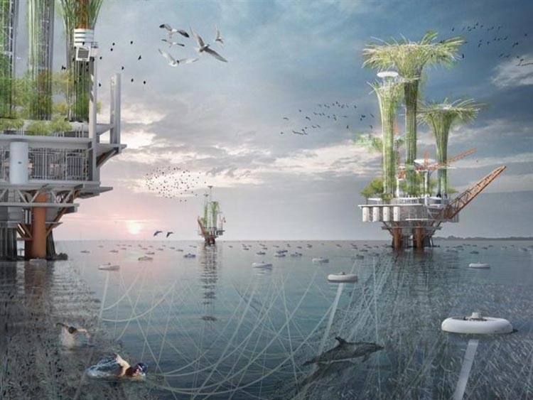 9- واحة نوح، الصين يخطط المشروع لتحويل منصات النفط القائمة الى مساكن او مواطن حيوية تساعد على تنقية البيئة، فضلا عن انها سوف تشكل ماوى للبشر من ارتفاع مستوى البحر، تم تقديم المشروع بواسطة عدد من المهندسين الصينيين