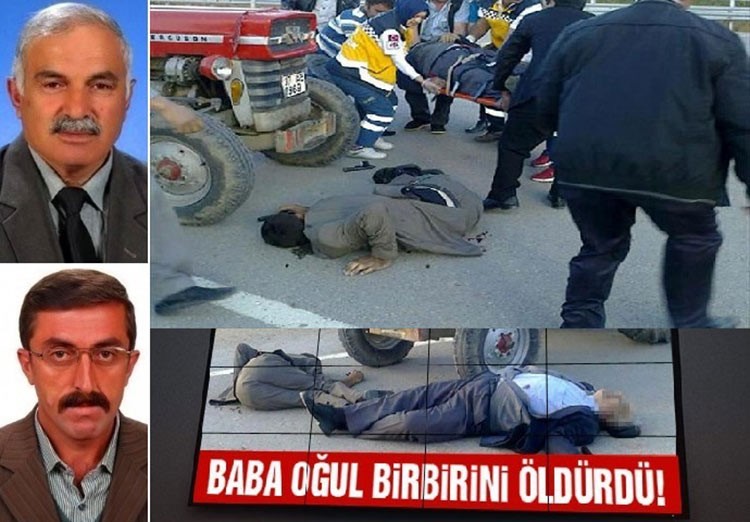 صورتان للابن والاب الذي يبدو مسدسه على الارض وهم ينقلون جثته، فيما الابن قتيلا ايضا وممسكا بالمسدس