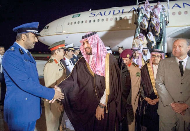 صاحب السمو الملكي الامير محمد بن سلمان ولي ولي العهد النائب الثاني لرئيس مجلس الوزراء وزير الدفاع السعودي لدى وصوله مطار اورلي في باريس امس	 واس ﻿