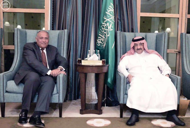 صاحب السمو الملكي الامير محمد بن نايف بن عبدالعزيز ولي العهد نائب رئيس مجلس الوزراء وزير الداخلية خلال استقباله وزير الخارجية المصري سامح شكري في جدة امس الاول واس