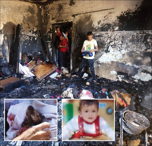 منزل الطفل علي دوابشة الذي احرقه المستوطنون المتطرفون امس وفي الاطار صورتان للطفل الشهيد قبل الحادث وبعده	 افپ