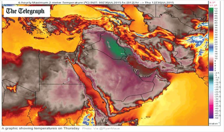 خارطة لدرجات الحرارة اوردتها صحيفة التليغراف في عددها امس الاول مرفقا بخبر بلوغ درجة الحرارة 71 درجة مئوية في مدينة ماهشهر الايرانية 