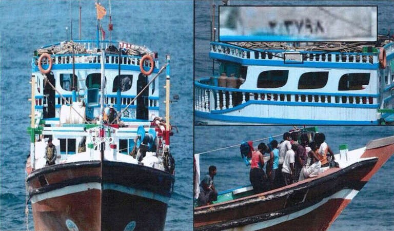 صورة وزعها حساب الوكالة السعودية واس للسفينة المصادرة التي كانت تهرب اسلحة ايرانيةاب ﻿