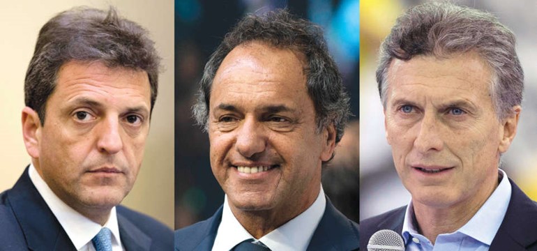 المرشحون للرئاسة الارجنتينية من اليمين ماوريسيو ماكري ودانييل سكيولي وسيرجيو ماسا	 اپ ﻿