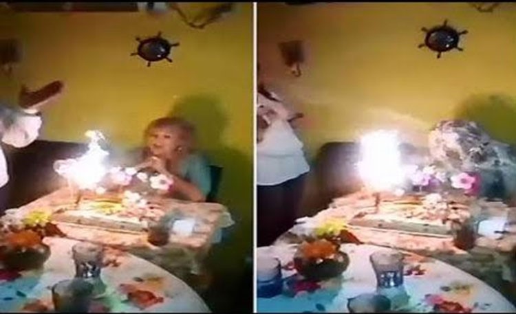 بالفيديو.. عيد ميلاد عجوز ينتهي باحتراقها
