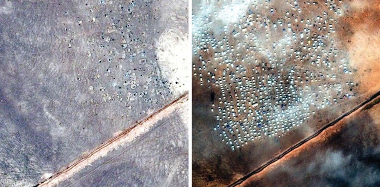صورة مركبة واحدة التقطت في ابريل الماضي والثانية في ديسمبر تظهر اتساع عدد الخيام للاجئين السوريينعلى الحدود الاردنية الذين ينتظرون الاذن بالدخول وتجاوز عددهم 21 الفا بحسب الامم المتحدةاپ﻿
