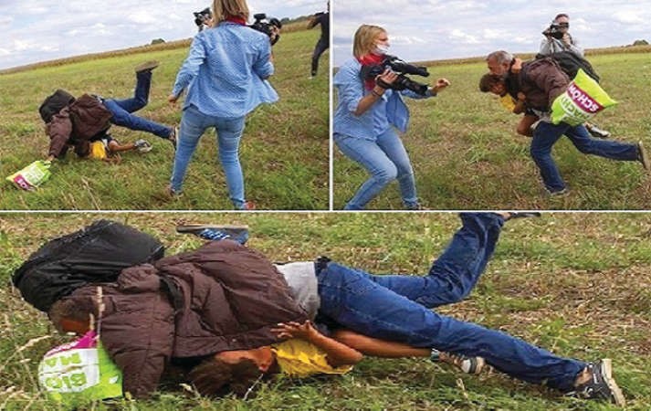 صورة مركبة للمصورة المجرية وهي تعرقل اللاجئ اسامة الغضب وابنه 