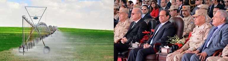 الرئيس عبدالفتاح السيسي متوسطا مشريف اسماعيل والفريق اول صدقى صبحى والفريق محمود حجازى وعدد من الوزراء والمحافظين خلال تدشين المشروع الضخم في الفرافرة