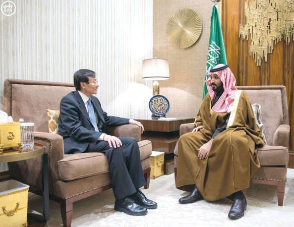 صاحب السمو الملكي الامير محمد بن سلمان ولي ولي العهد النائب الثاني لرئيس مجلس الوزراء وزير الدفاع السعودي خلال استقباله نائب وزير الخارجية الصيني تشانغ مينغواس