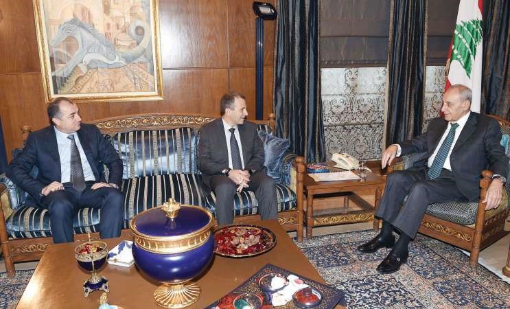رئيس مجلس النواب نبيه بري مستقبلا رئيس التيار الوطني الحر وزير الخارجية جبران باسيل ووزير التربية الياس بوصعب في عين التينةمحمود الطويل﻿
