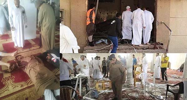 صورة مركبة تظهر الاستنفار الامني والشعبي عقب الحادث الارهابي في مسجد الرضا بمدينة الاحساء السعودية امس