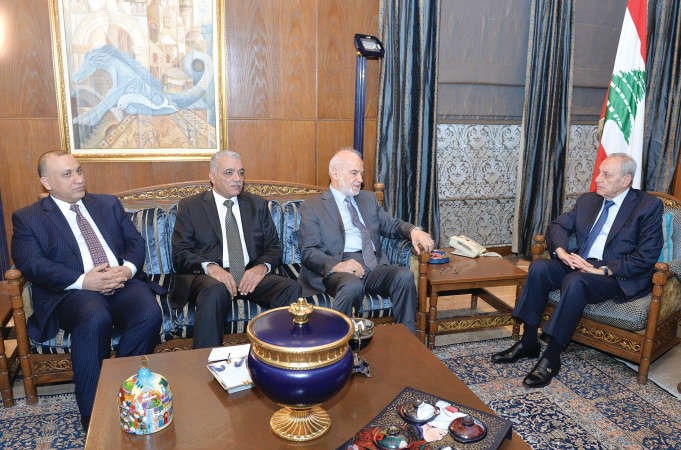 رئيس مجلس النواب نبيه بري مستقبلا في عين التينة وزير الخارجية العراقي ابراهيم الجعفري والوفد المرافق والسفير العراقي علي العامريمحمود الطويل