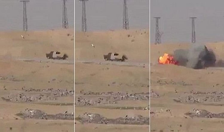بالفيديو.. سيارة داعشي تنفجر بصاروخ قبل وصولها لهدفها