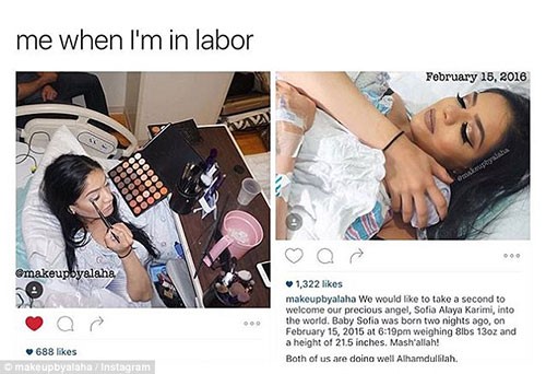 بالصور.. تضع المكياج الصارخ أثناء الولادة بمساعدة زوجها لالتقاط صورة جميلة مع الطفل القادم!