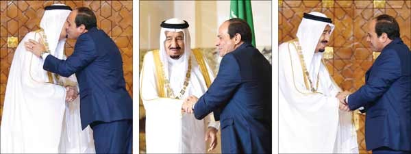 لقطات مجمعة تظهر تقليد الرئيس المصري عبدالفتاح السيسي لخادم الحرمين الشريفين الملك سلمان بن عبدالعزيز قلادة النيل تقديرا لدوره ومواقفه افپ