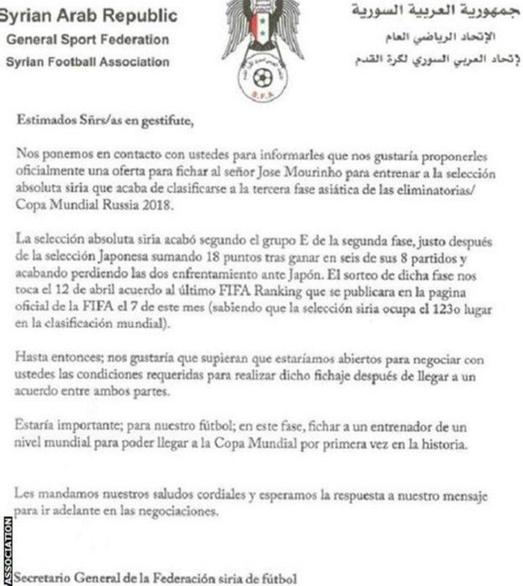 خطاب اتحاد كرة القدم السوري المرسل الى مورينيو يعرض عليه تدريب المنتخب الوطني السوري