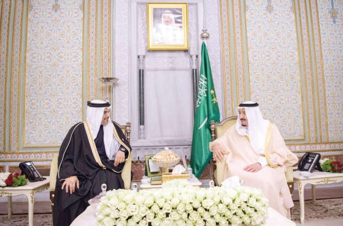 خادم الحرمين الشريفين الملك سلمان بن عبدالعزيز خلال استقباله صاحب السمو الملكي الامير سلمان بن حمد ال خليفة ولي العهد بمملكة البحرين						واس ﻿