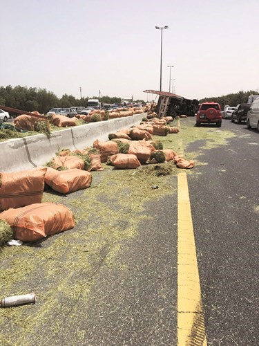 الاعلاف تبعثرت على الطريق العام فاعاقت الحركة﻿