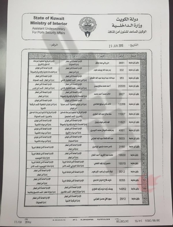 «الانباء» تنشر أسماء الضباط وضباط الصف المشمولين بحركة التنقلات في «الداخلية»