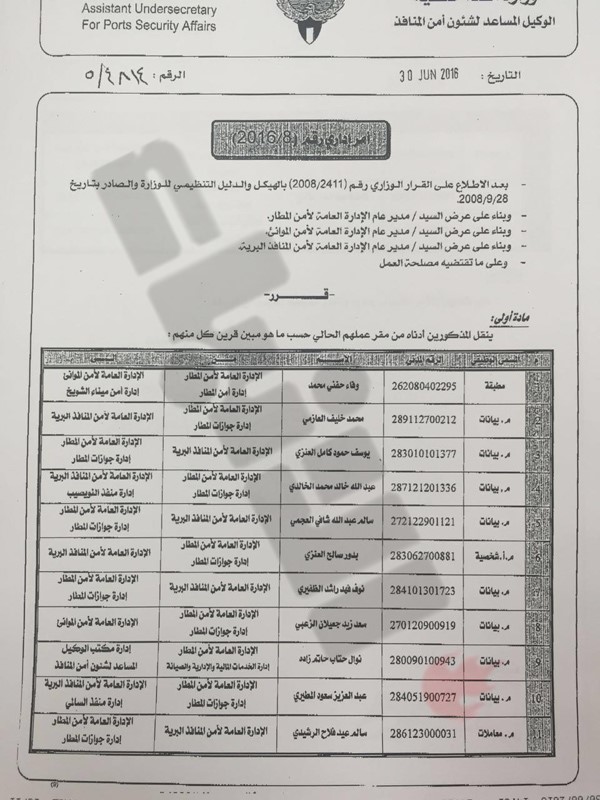 «الانباء» تنشر أسماء الضباط وضباط الصف المشمولين بحركة التنقلات في «الداخلية»