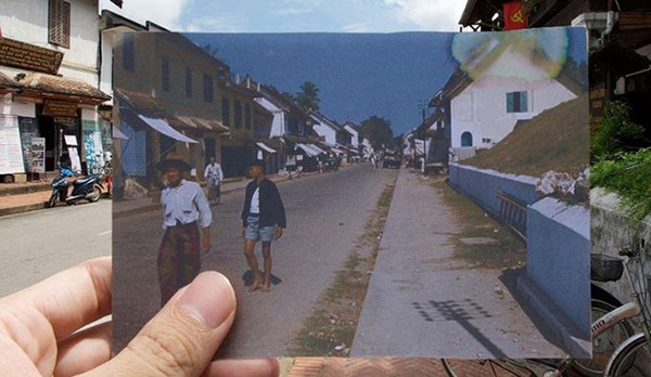 صورة تظهر مدخل القصر الملكي اليوم، مقارنة بصورة تعود الى العام 1959، يظهر فيها تجمع للناس اثناء تشييع جثمان الملك اللاوسي سيسافونغ فونغ