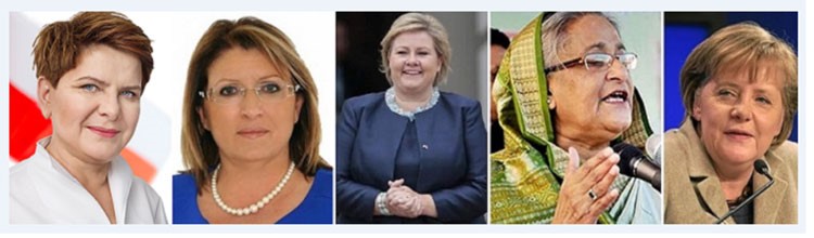 من اليمين، المستشارة الالمانية انجيلا ميركل، ورئيسة وزراء بنغلادش الشيخة حسينة واجد، ورئيسة وزراء النرويج ارنا سولبرغ، ثم رئيسة جمهورية مالطا ماري لويز كوليرو بريكا، وبعدها رئيسة وزراء بولندا بيتا شيدلو