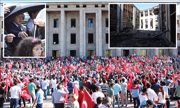 اتراك يتظاهرون دعما للشرعية امام البرلمان بالتزامن مع انعقاد جلسة استثنائية لبحث الانقلاب وفي الاطار جانب من الدمار الذي تعرض له البرلمان نتيجة قصف الانقلابيين واردوغان خلال مغادرته اسطنبولاپ ورويترز وافپ