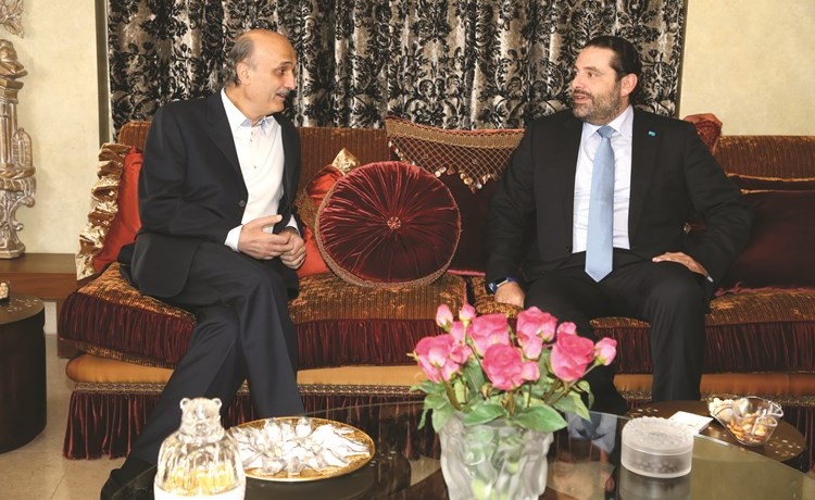 الرئيس سعد الحريري خلال زيارته رئيس حزب القوات اللبنانية سمير جعجع في معراب 	محمود الطويل﻿