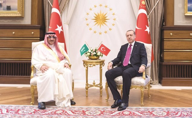 الرئيس التركـي رجب طيب اردوغان مستقبلا صاحب السمو الملكي الامير محمـد بن نايف بن عبدالعزيز ولي العهد السعودي نائب رئيس مجلس الوزراء وزير الداخلية في القصر الرئاسي بالعاصمة انقرة		واس﻿